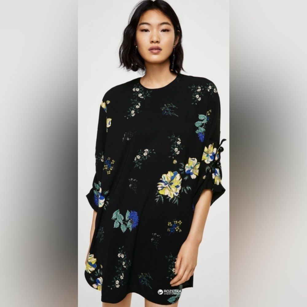 MANGO Floral Shift Mini Dress Ruched Buttons Sleeves Black Sz 6